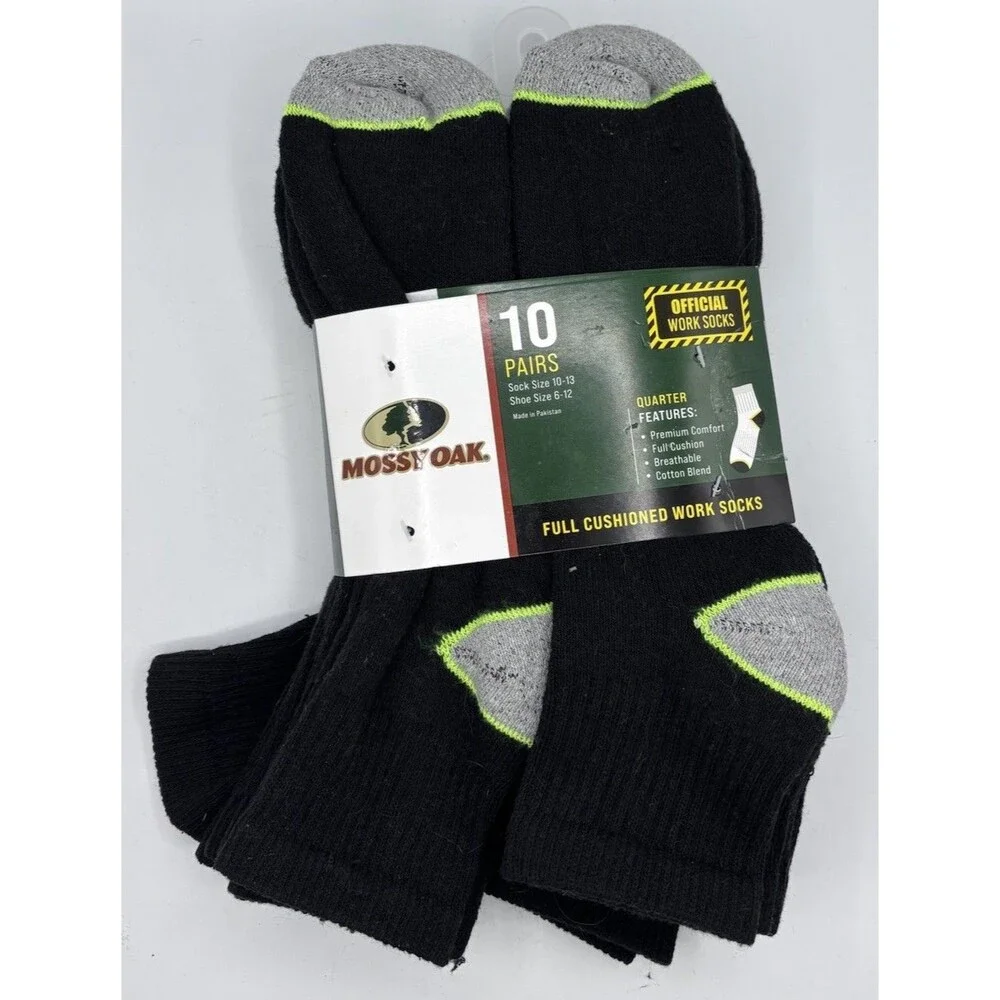 MOSSY OAK Mens Full Cushioned Quarter Work Socks 10 Pairs Shoe Size 6-12 BLACK